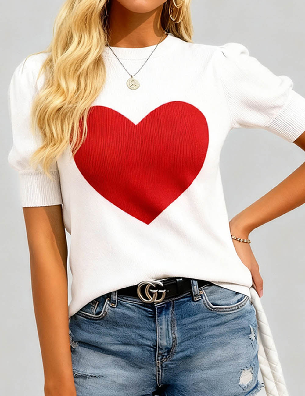 Ladies Valentine's Rib Knit Heart Short Sleeves Sweater