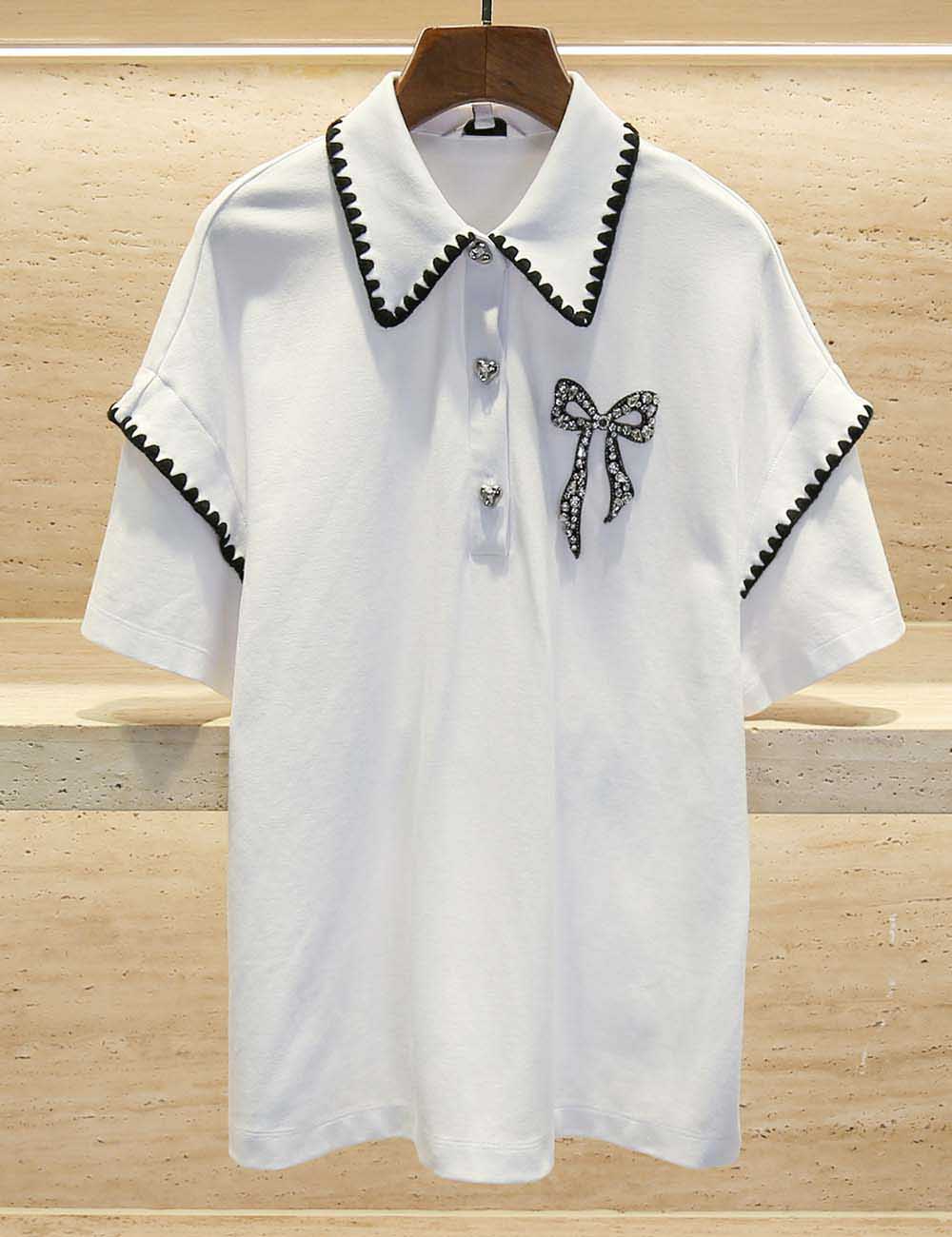 Ladies Color Block Turndown Collar Bead Top & Shorts Set