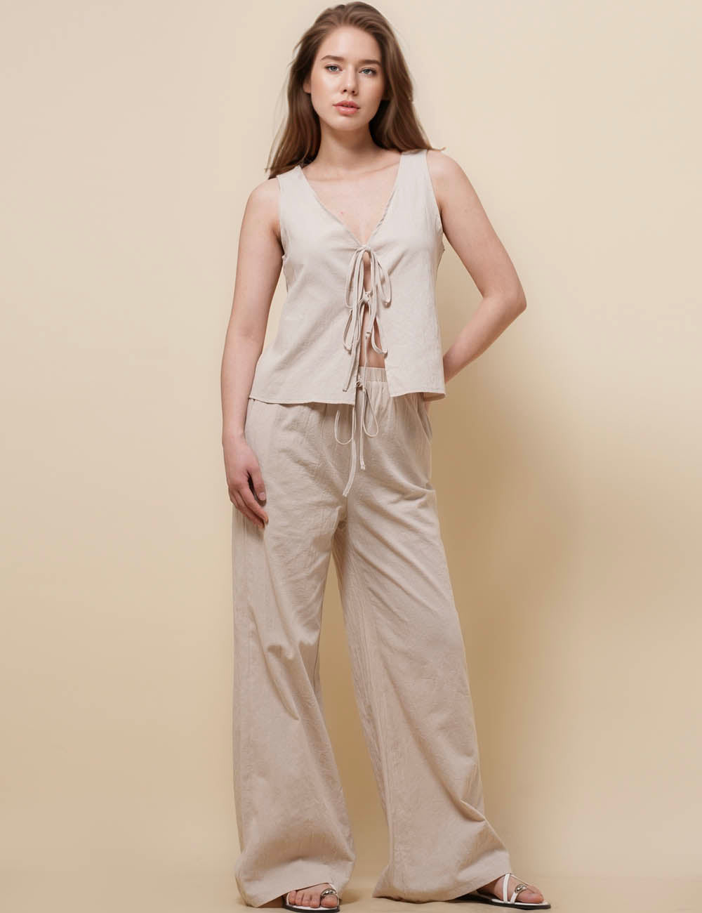 Ladies V-Neck Sleeveless String Tie Top & Pants Set SKST51089