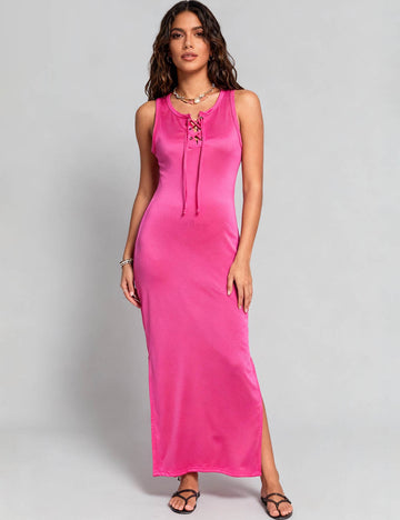 Ladies Lace-Up Front Cutout Back Bodycon Maxi Dress