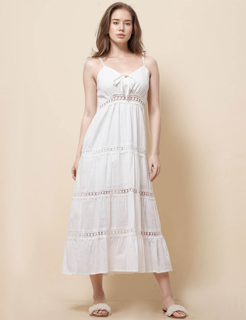 Ladies String Shoulder Hollow Out Basic Midi Dress SKD51286