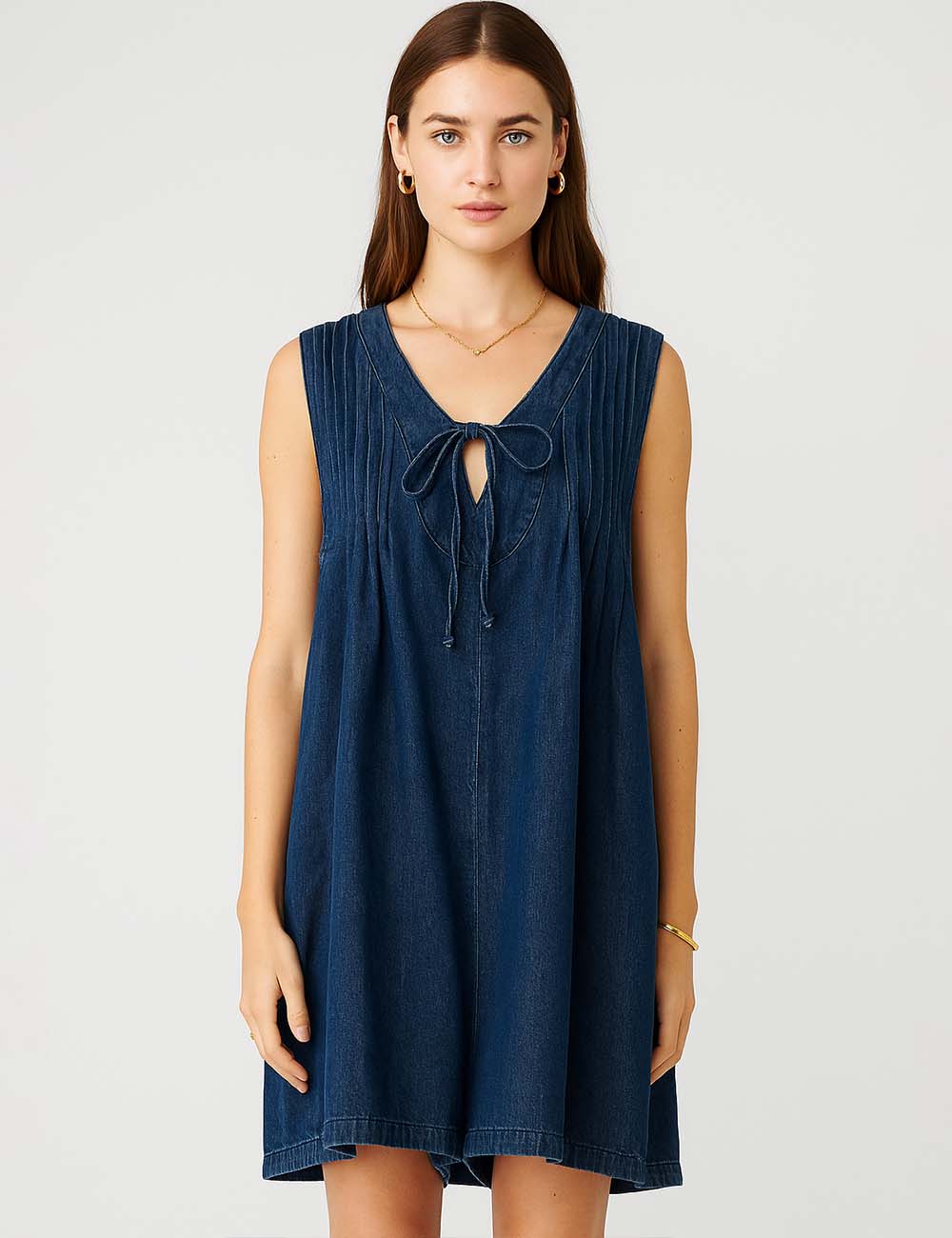 Ladies V-Neck Tie Front Pleated Sleeveless Denim Romper