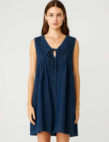 Ladies V-Neck Tie Front Pleated Sleeveless Denim Romper