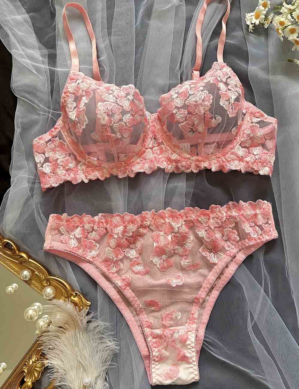 Ladies Floral Embroidery See Through 2PCS Lingerie Set 8HF4113
