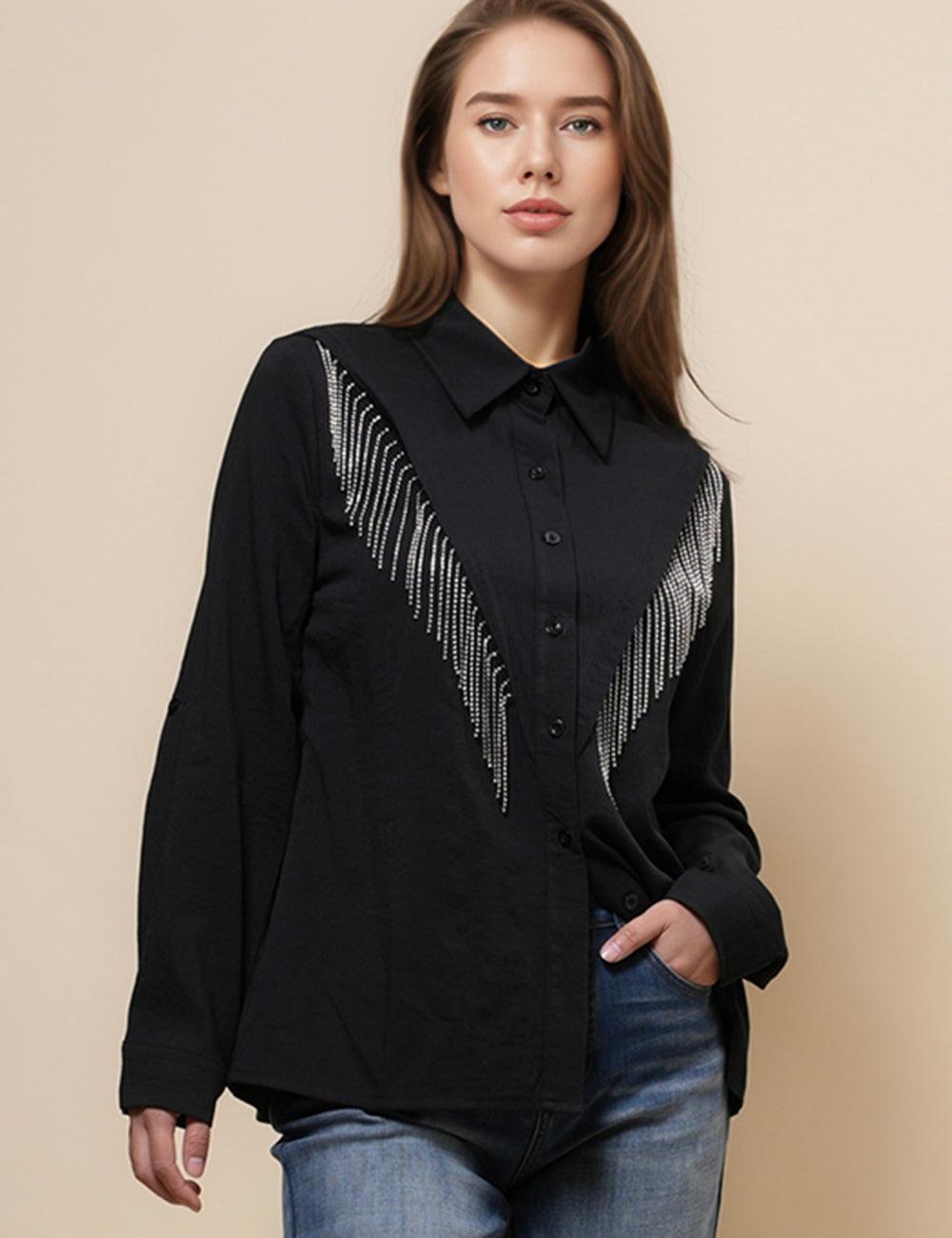 Ladies Lapel Botton Down Rhinstone Tassels Shirt SKT4873
