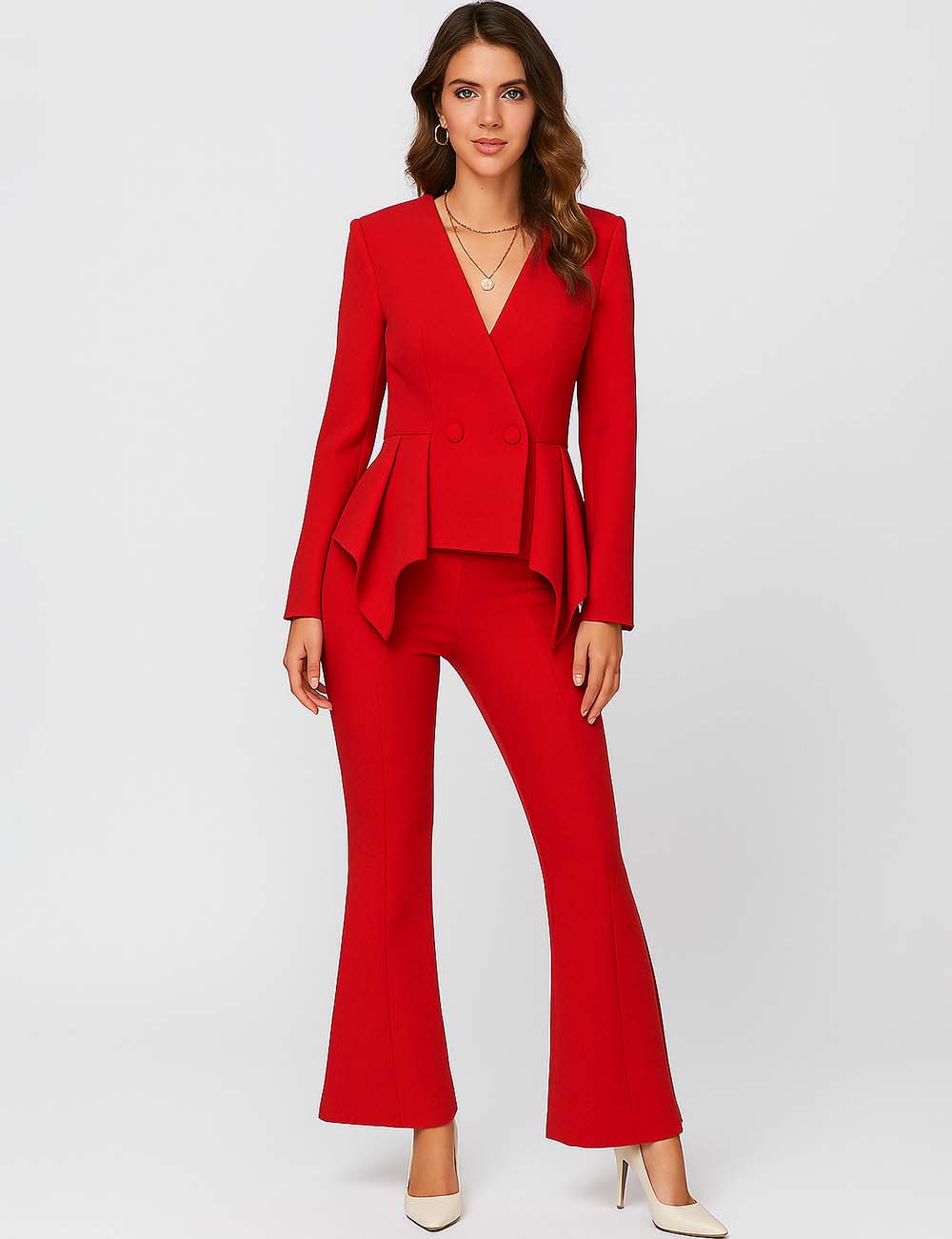 Ladies Solid Color Ruffle Double-Breasted 2PCS Suit