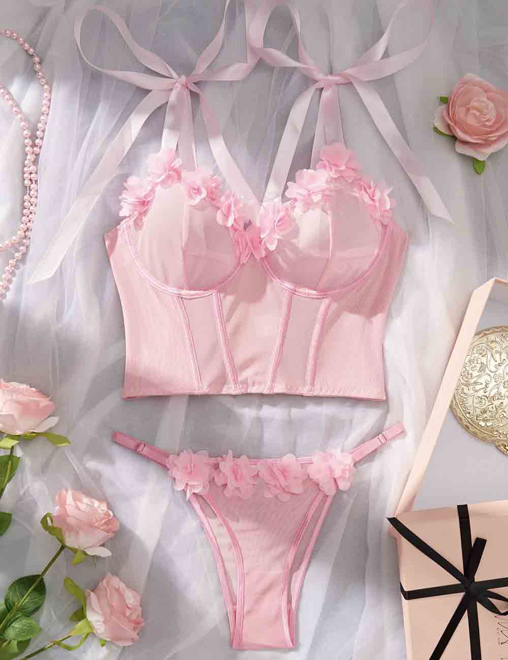 Ladies Floral Splice See Through 2PCS Lingerie Set 8HF4328