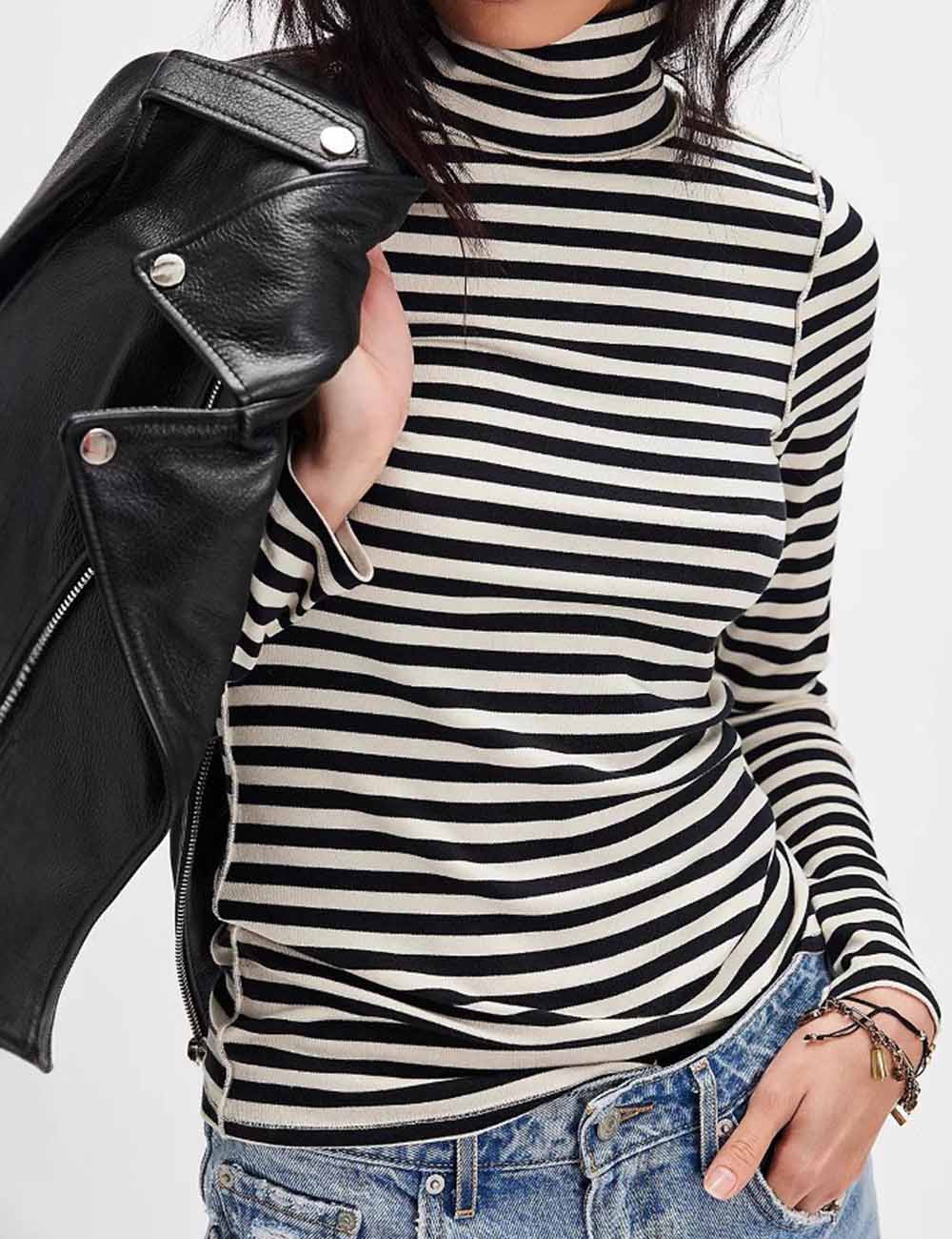 Ladies Color Block Striped Turtleneck Long Sleeves Layering Top