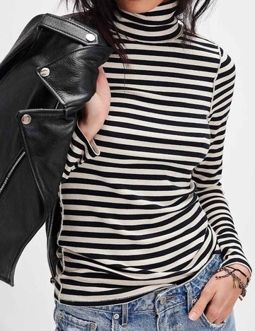 Ladies Color Block Striped Turtleneck Long Sleeves Layering Top