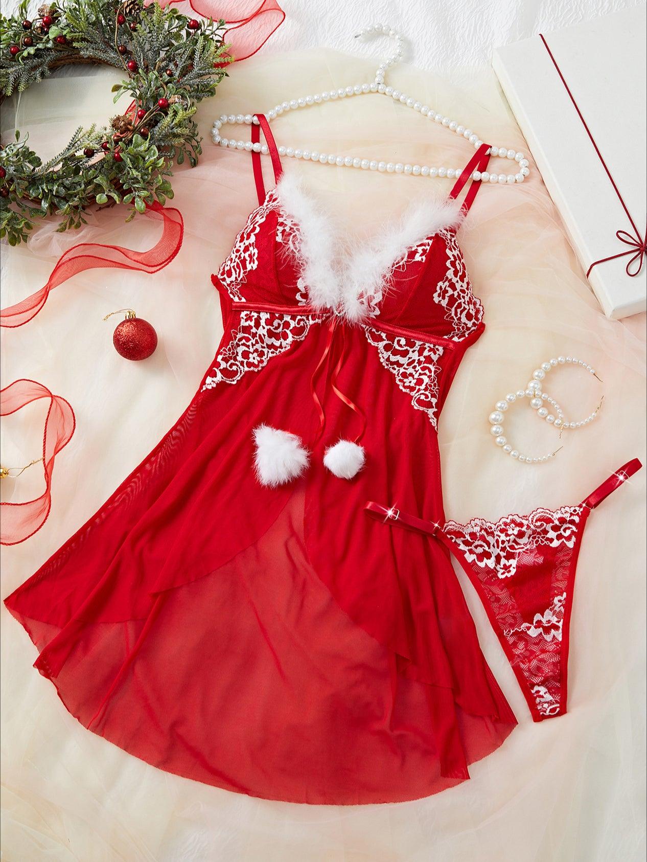 Ladies Merry Christmas Fluffy Floral Lace Chemise Set SKLG4008