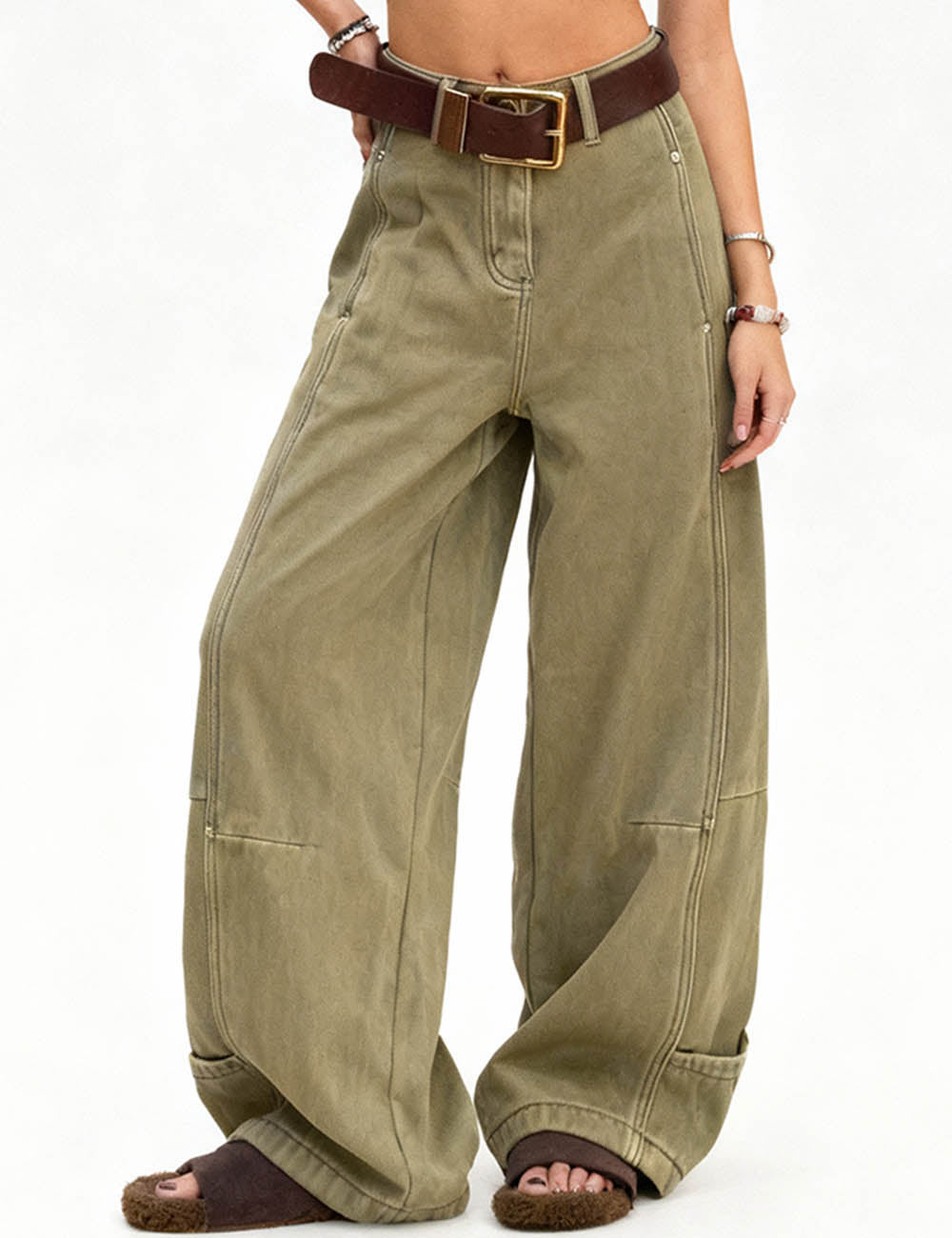 Ladies Fleece Lined Button Closure Barrel Leg Denim Pants