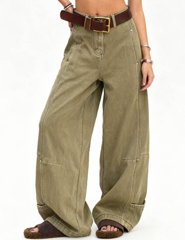 Ladies Fleece Lined Button Closure Barrel Leg Denim Pants