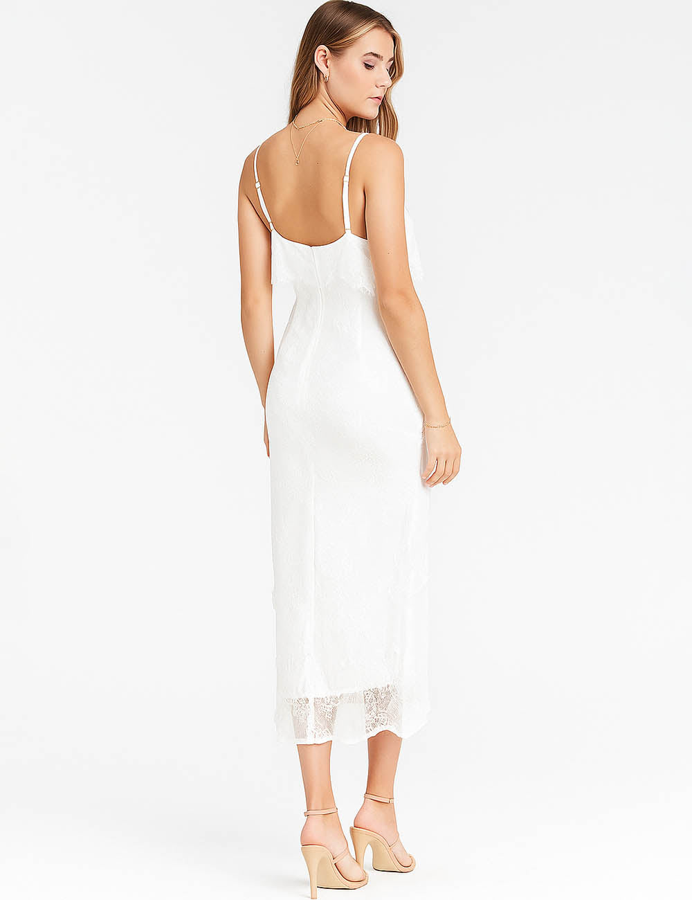 Ladies White V-Neck Ruffle Dress Lace Splice Split Cami Maxi Dress