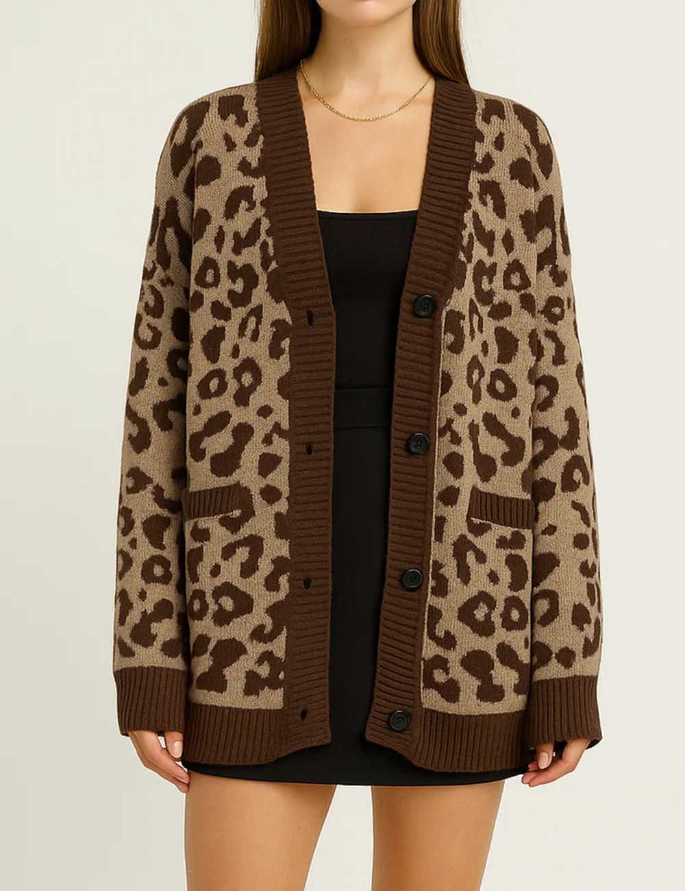 Ladies Leopard V-Neck Long Sleeves Ribbed Knit Sweater Cardigan