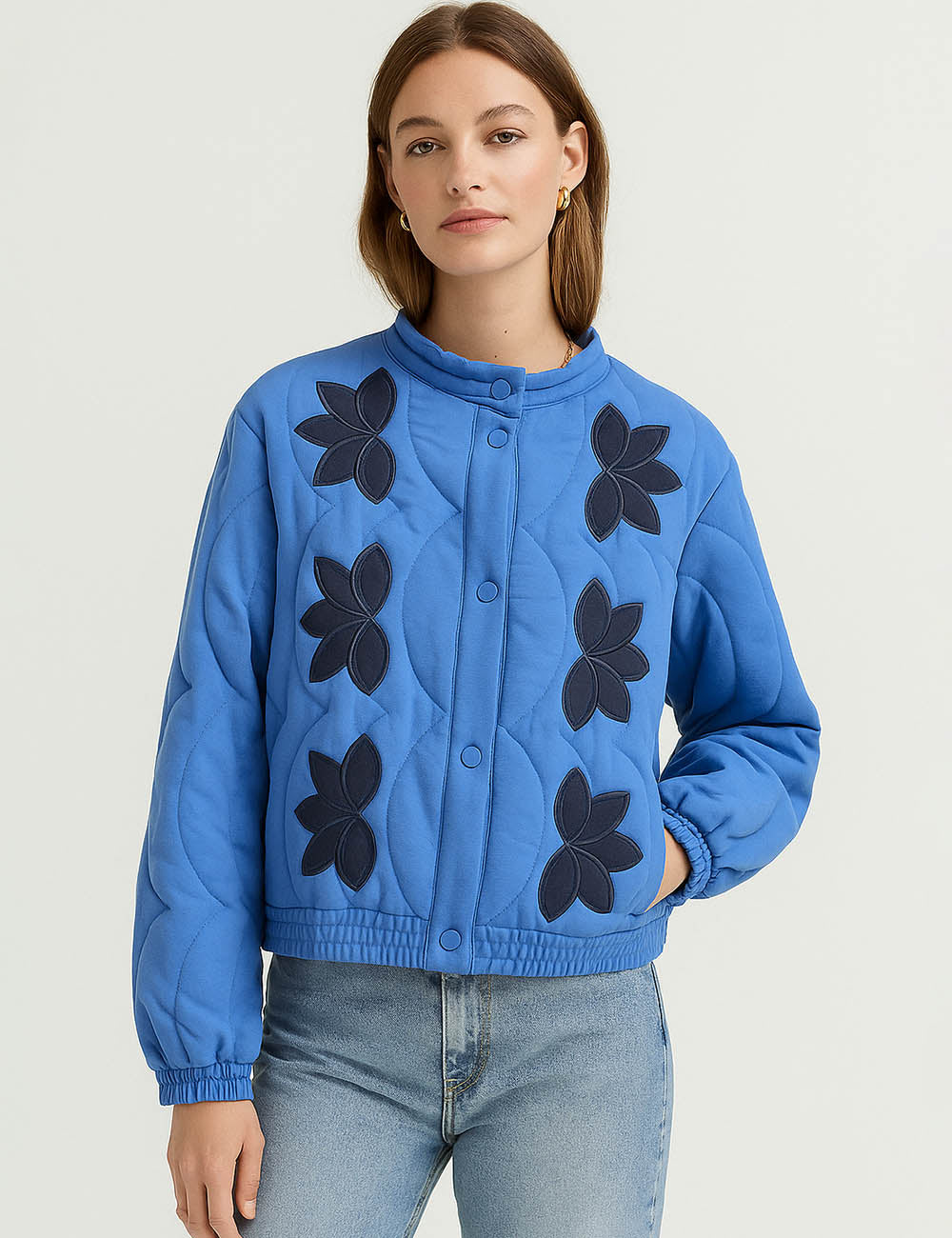 Ladies Floral Embroidery Stand Collar Quilted Cotton Jacket