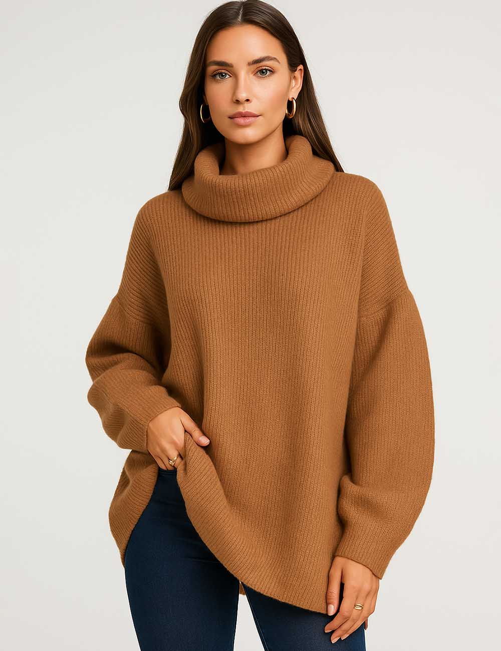 Ladies Solid Color Turtle Neck Long Sleeves Sweater