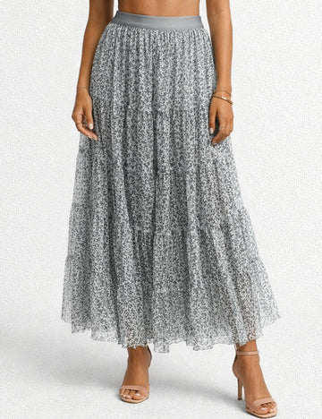 Ladies Elastic Waist Floral Print Mesh Tiered Hem Maxi Skirt