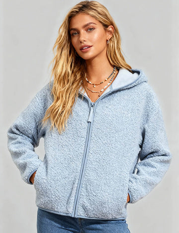 Ladies Fluffy Hooded Collar Zipper Front Fleece Jacket