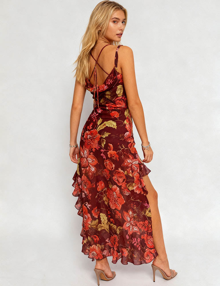 Ladies Floral Cowl Neck Ruffle Hem Ruched Maxi Dress