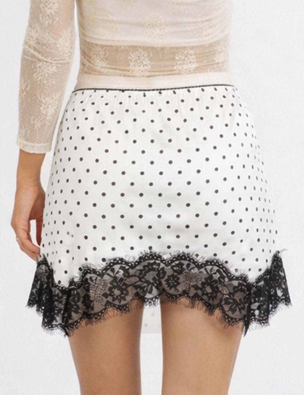 Ladies Chic Satin Polka Dot Lace Trim Mini Skirt
