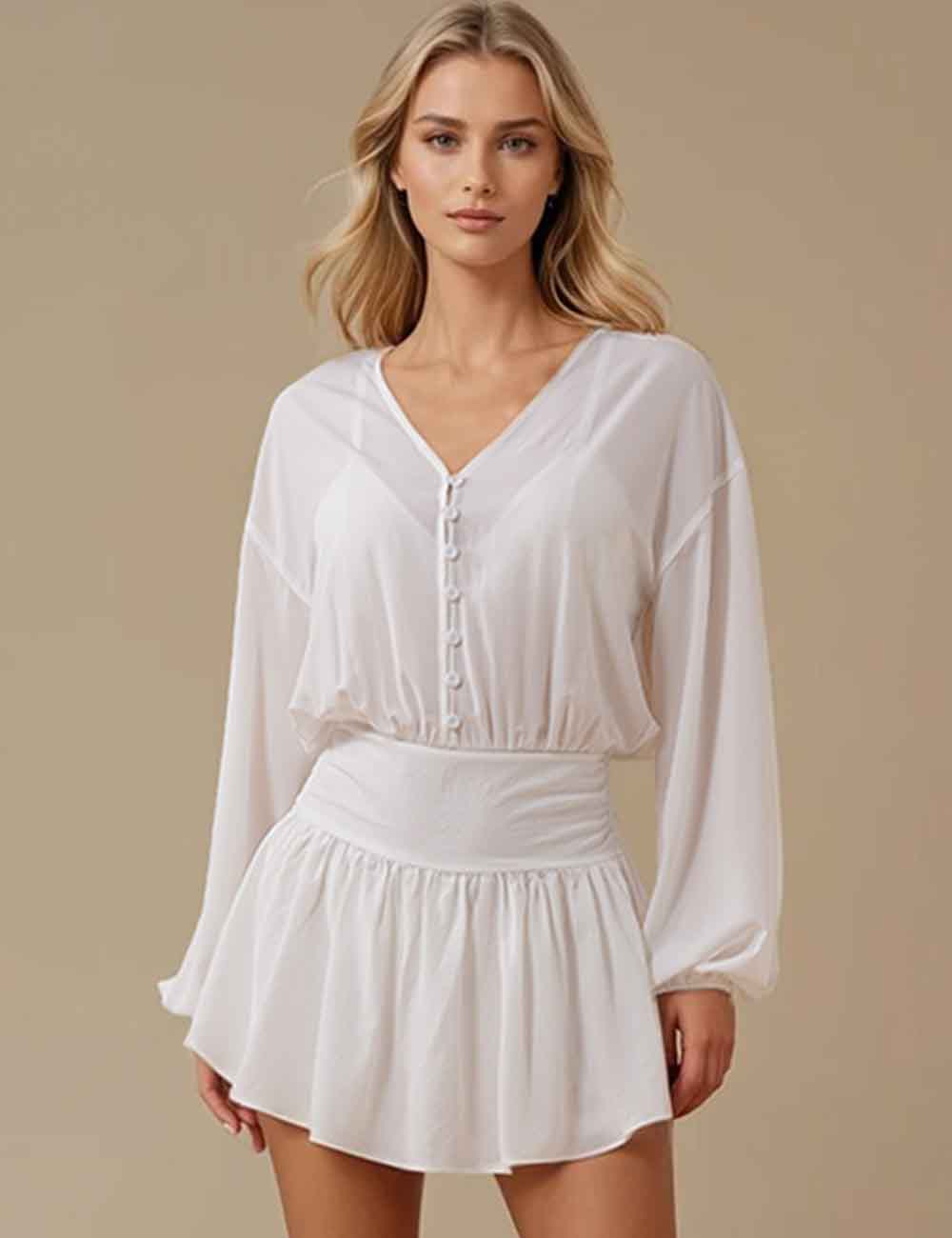 Ladies White V-Neck Button Smocking Long Sleeves Rompers