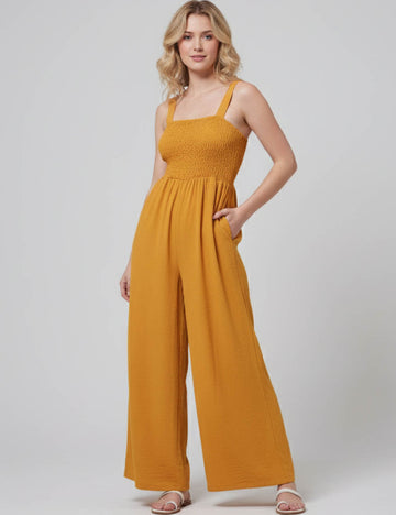 Ladies Strape Shoulder Smocking Top Wide Leg Jumpsuit SKJ50400