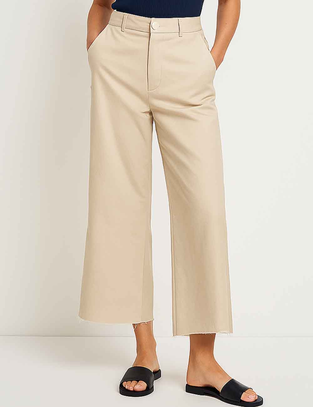 Ladies Solid Color Button Closure Slight Bell Leg Trousers