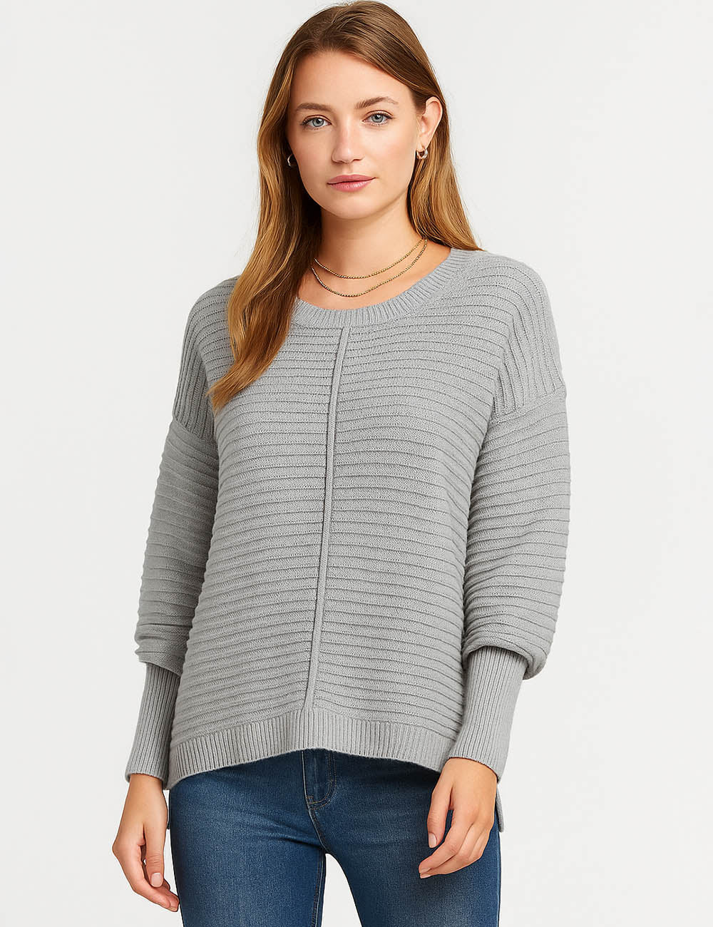 Ladies Ribbed Knit Round Neck Long Sleeves Sweater