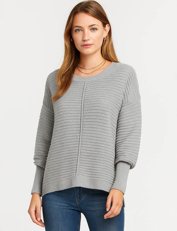 Ladies Ribbed Knit Round Neck Long Sleeves Sweater