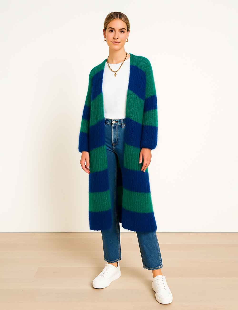 Ladies Striped Color Block Front Open Lantern Sleeves Knit Cardigan