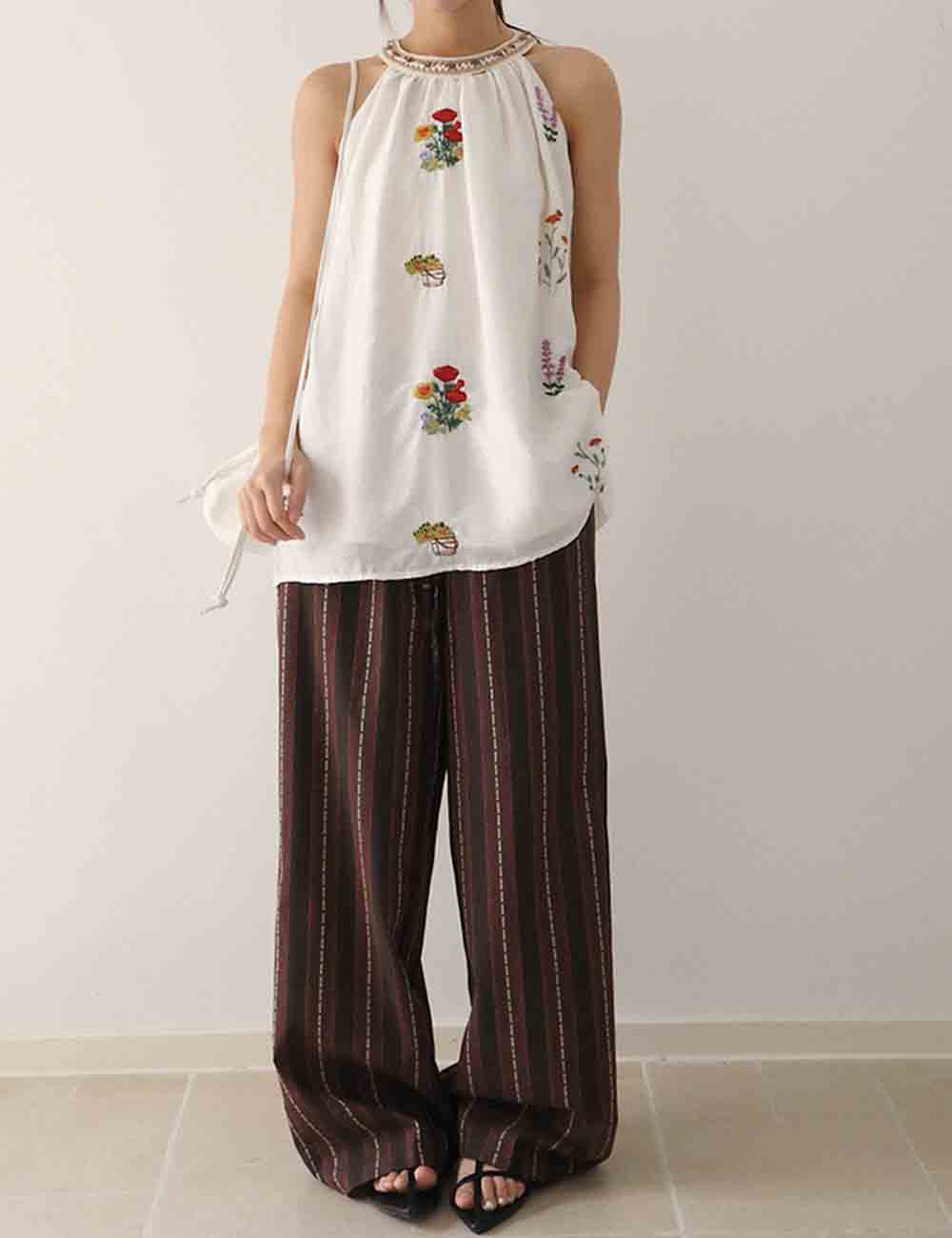 Ladies Flower Jacquared Halter Sleeveless Striped Top & Pants Set