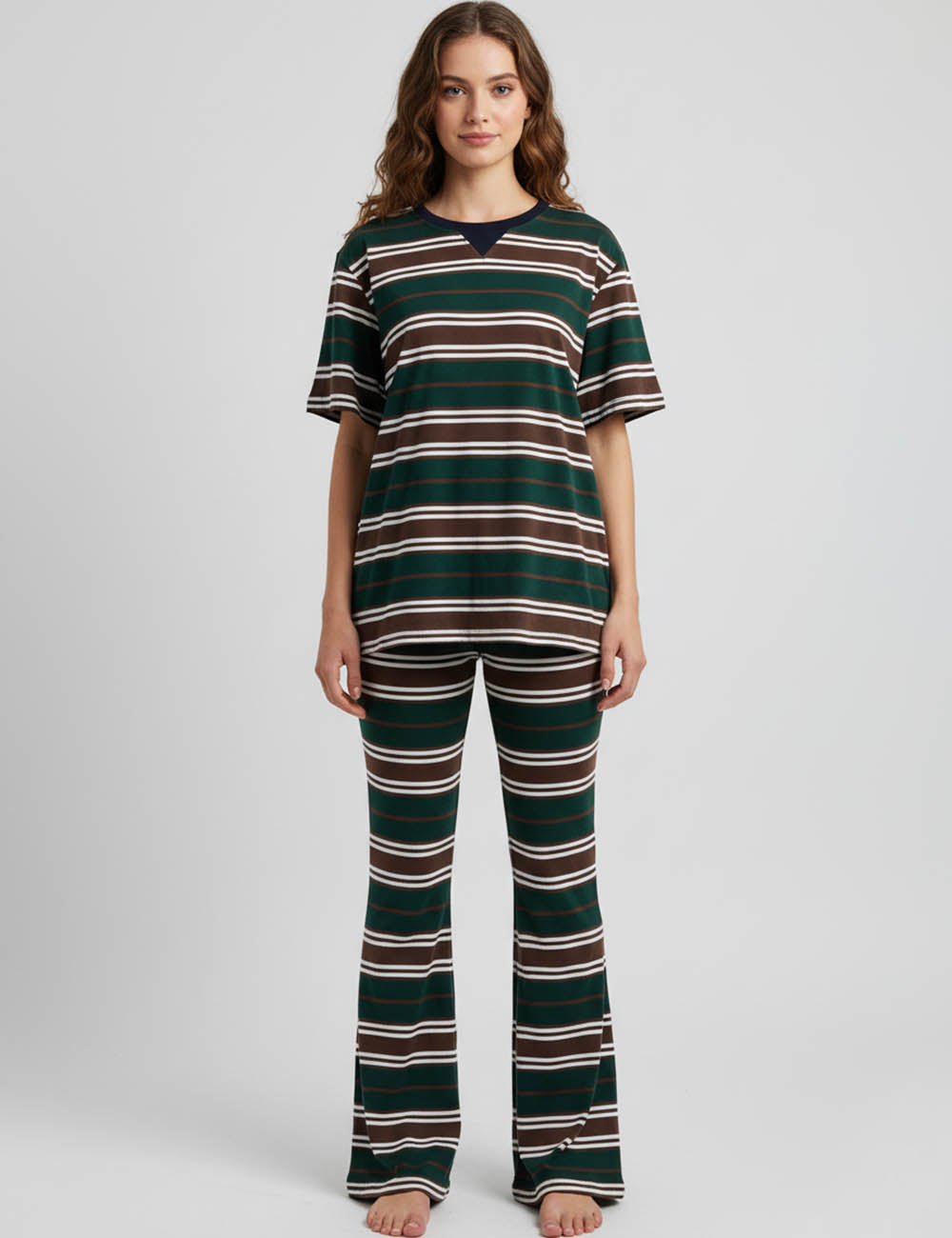 Ladies Striped Shorts Sleeves Flared Leg Top & Pants Set