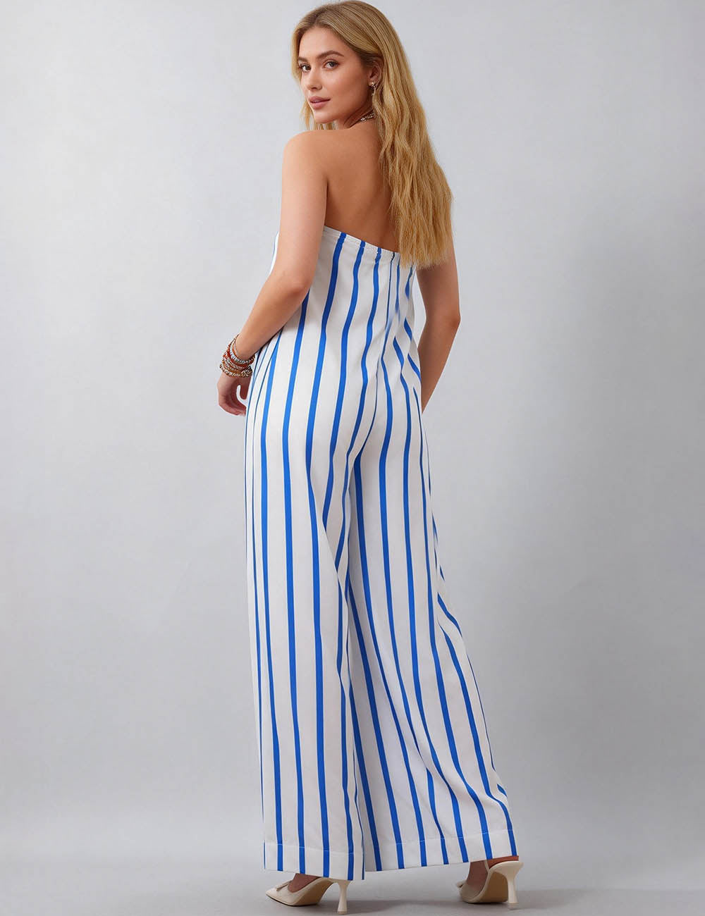 Ladies Color Block Striped Strapless Sleeveless Wide Leg Jumpsuit