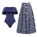 Denim Blue Ruffle One Piece Swimwear with Cover Y256 - SWEETKAMA