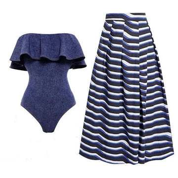 Denim Blue Ruffle One Piece Swimwear with Cover Y256 - SWEETKAMA