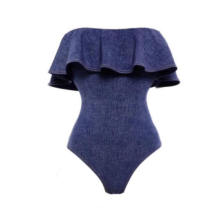 Denim Blue Ruffle One Piece Swimwear with Cover Y256 - SWEETKAMA