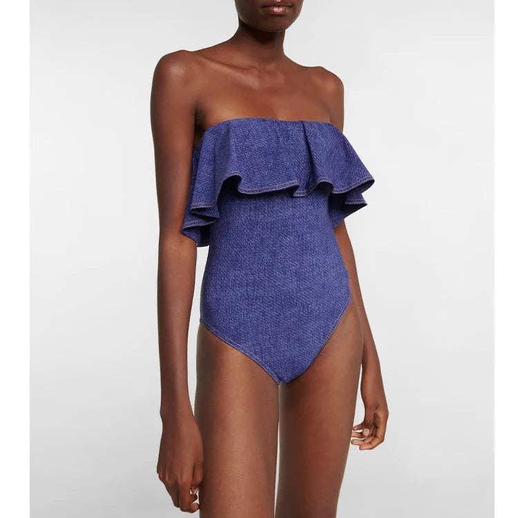 Denim Blue Ruffle One Piece Swimwear with Cover Y256 - SWEETKAMA