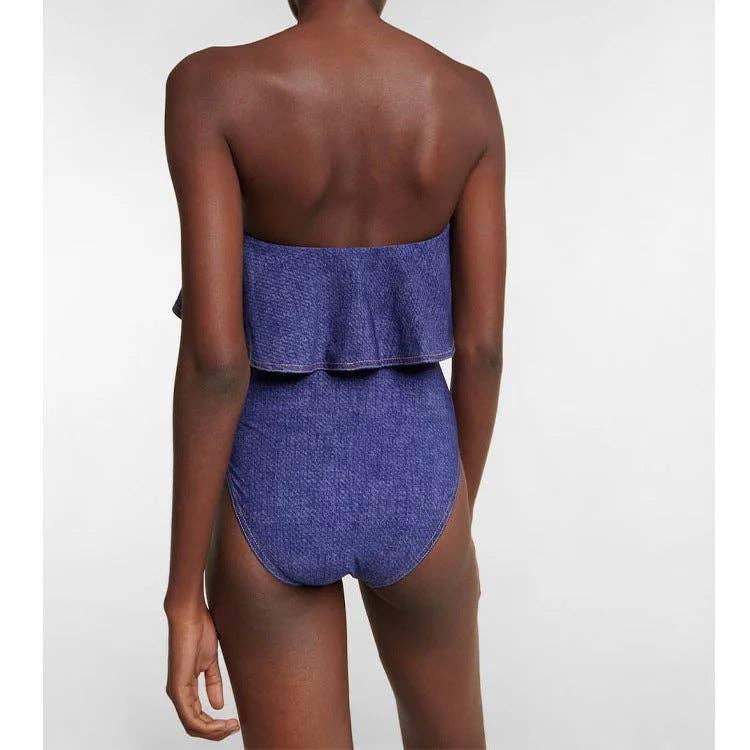 Denim Blue Ruffle One Piece Swimwear with Cover Y256 - SWEETKAMA