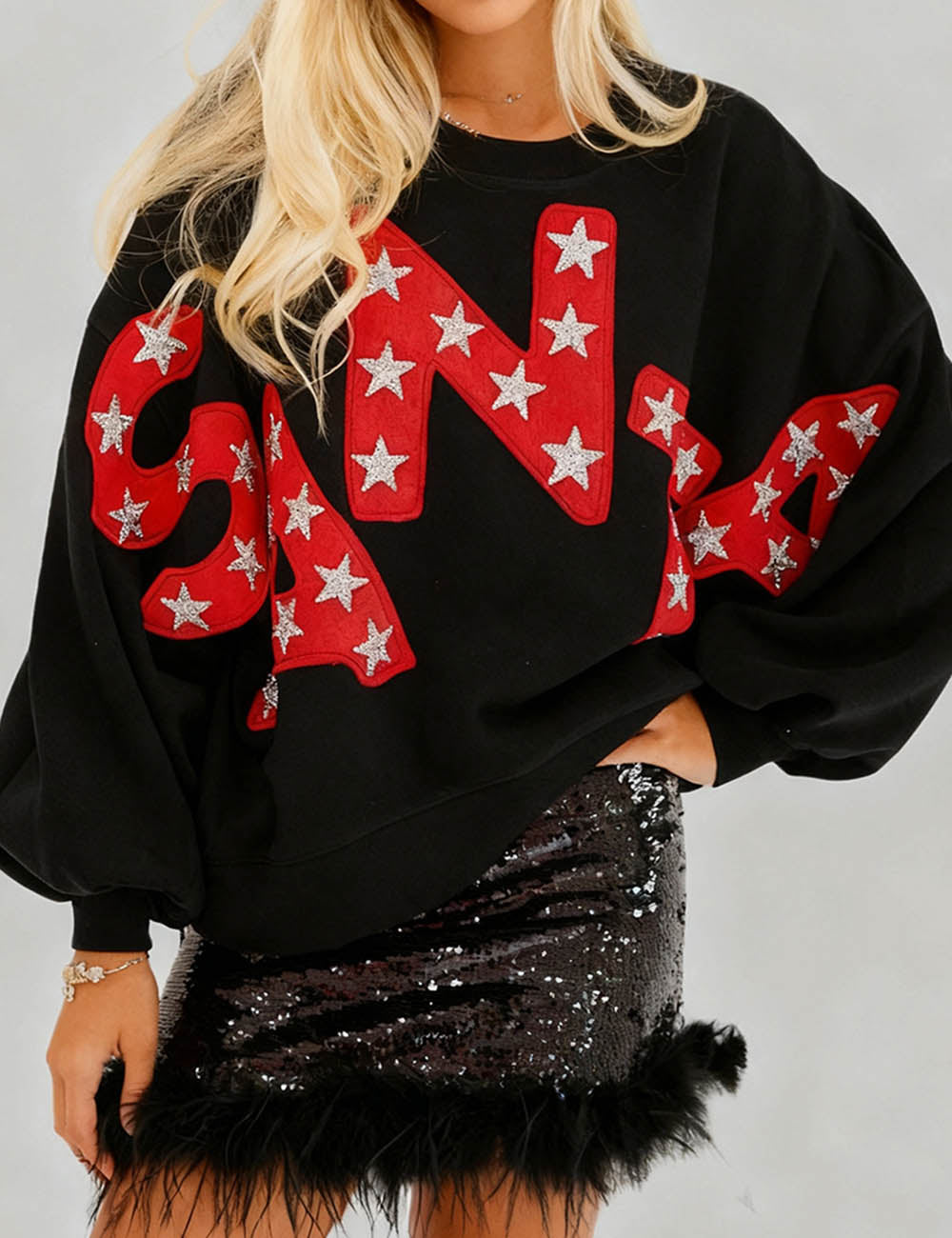 Ladies SANTA Letter Sequin Christmas Pullover Sweatshirt
