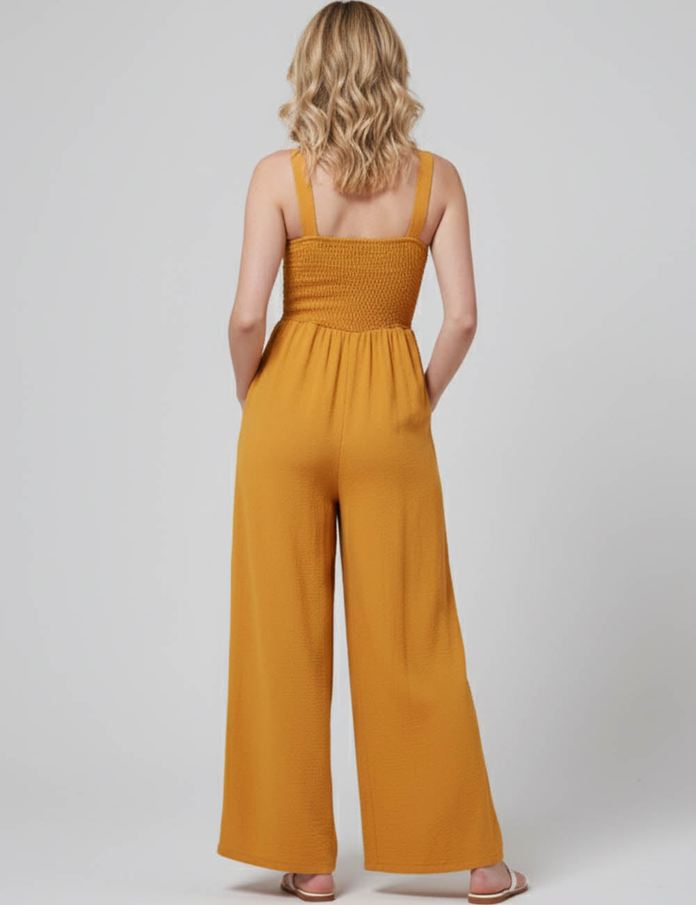 Ladies Strape Shoulder Smocking Top Wide Leg Jumpsuit SKJ50400