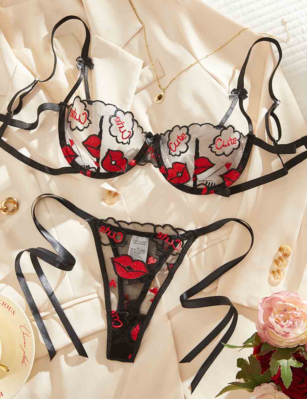 Ladies Sexy Lips Embroidery Tie Bra Thong Lingerie Set