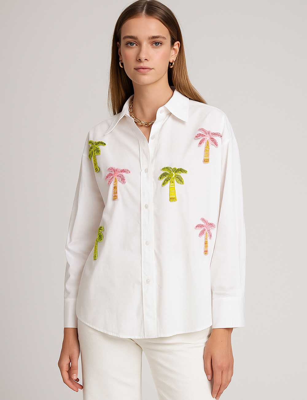 Women Sequin Coconut Tree Buttom Down Shirt