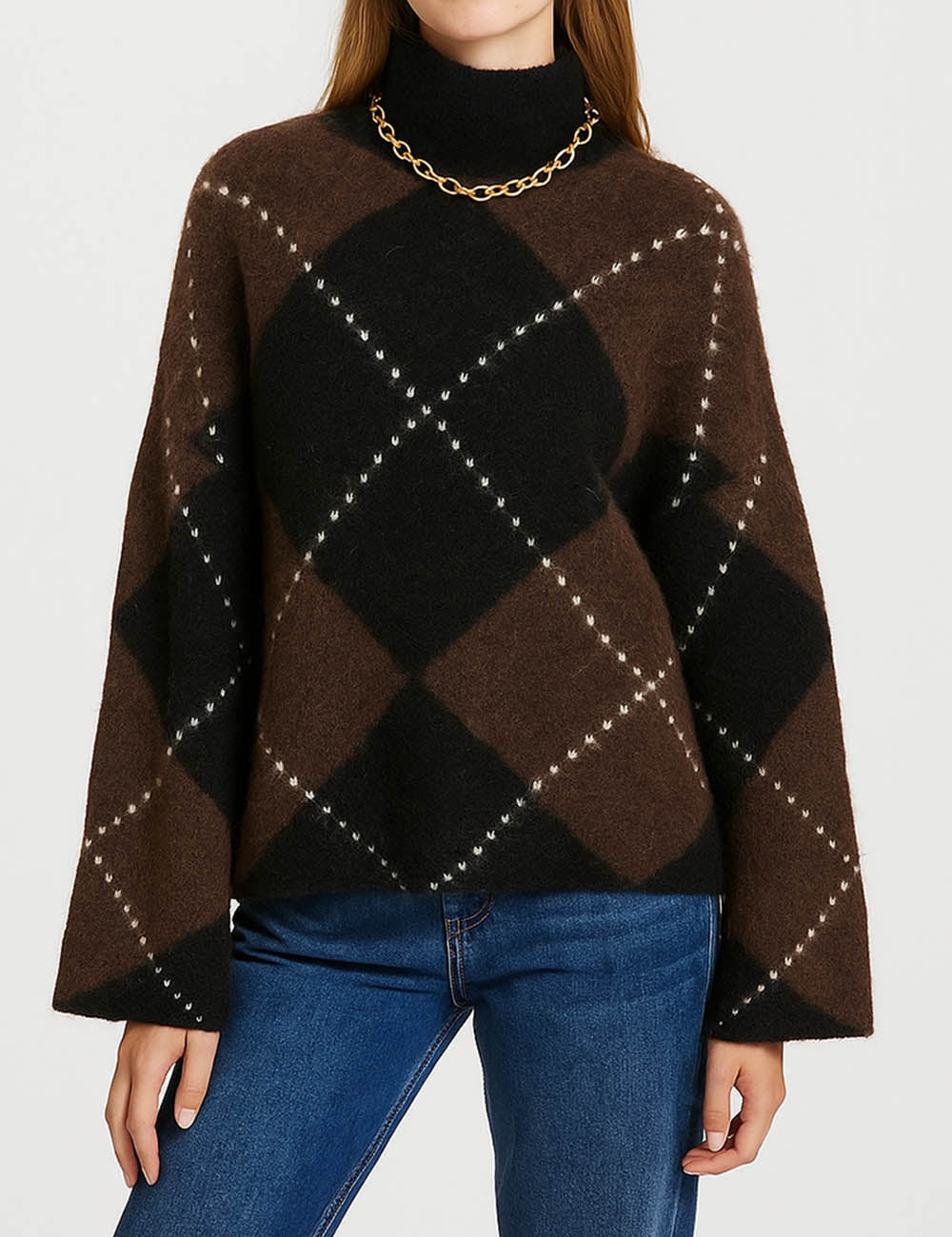 Ladies Geometric Pattern Mock Collar Long Sleeves Sweater