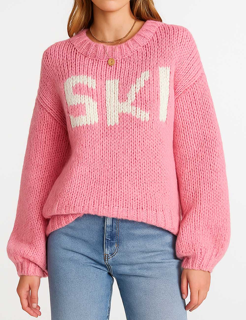 Ladies Letter Pattern Color Block Round Neck Sweater Top