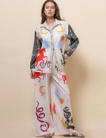 Ladies Turndown Collar Print Shirt & Pants Set SKST50344