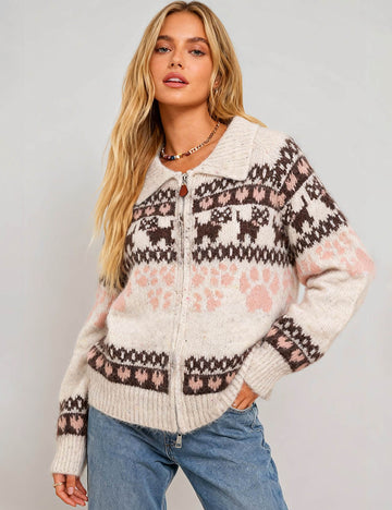 Ladies Fair Isle Pattern Zip-Up Sweater Cardigan