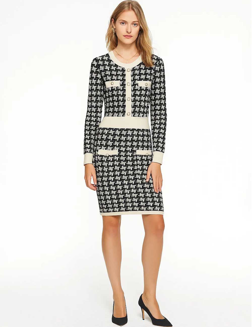 Ladies Round Neck Houndstooth Long Sleeves Knit Midi Dress