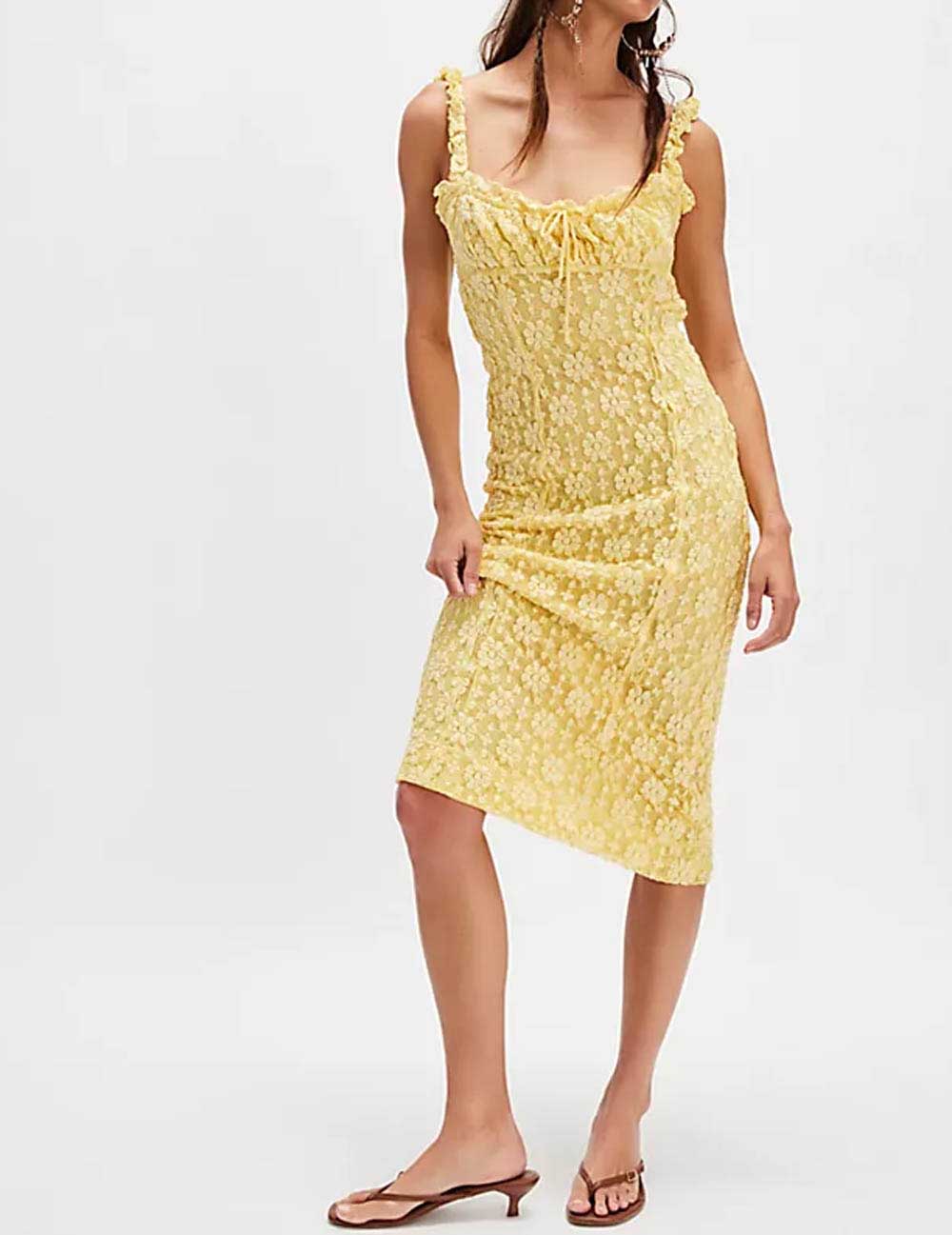 Ladies Floral Lace Strap Shoulder Ruffle Sleeveless Midi Dress