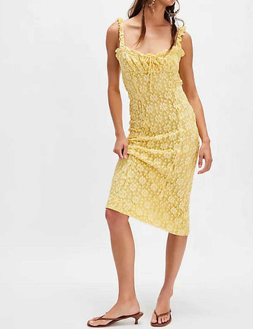 Ladies Floral Lace Strap Shoulder Ruffle Sleeveless Midi Dress