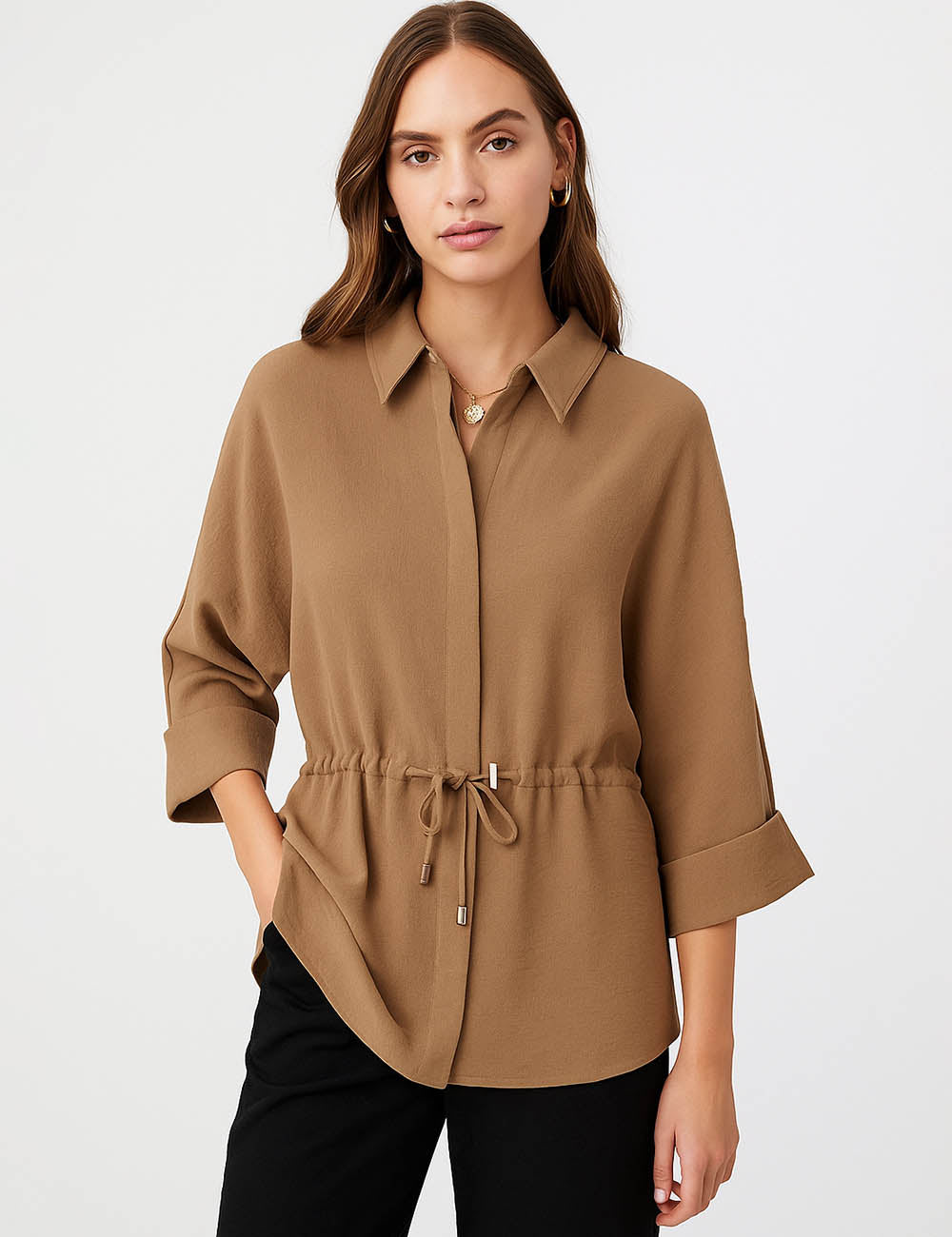 Ladies Solid Color Shirt Collar Drawstring Waist Blouse